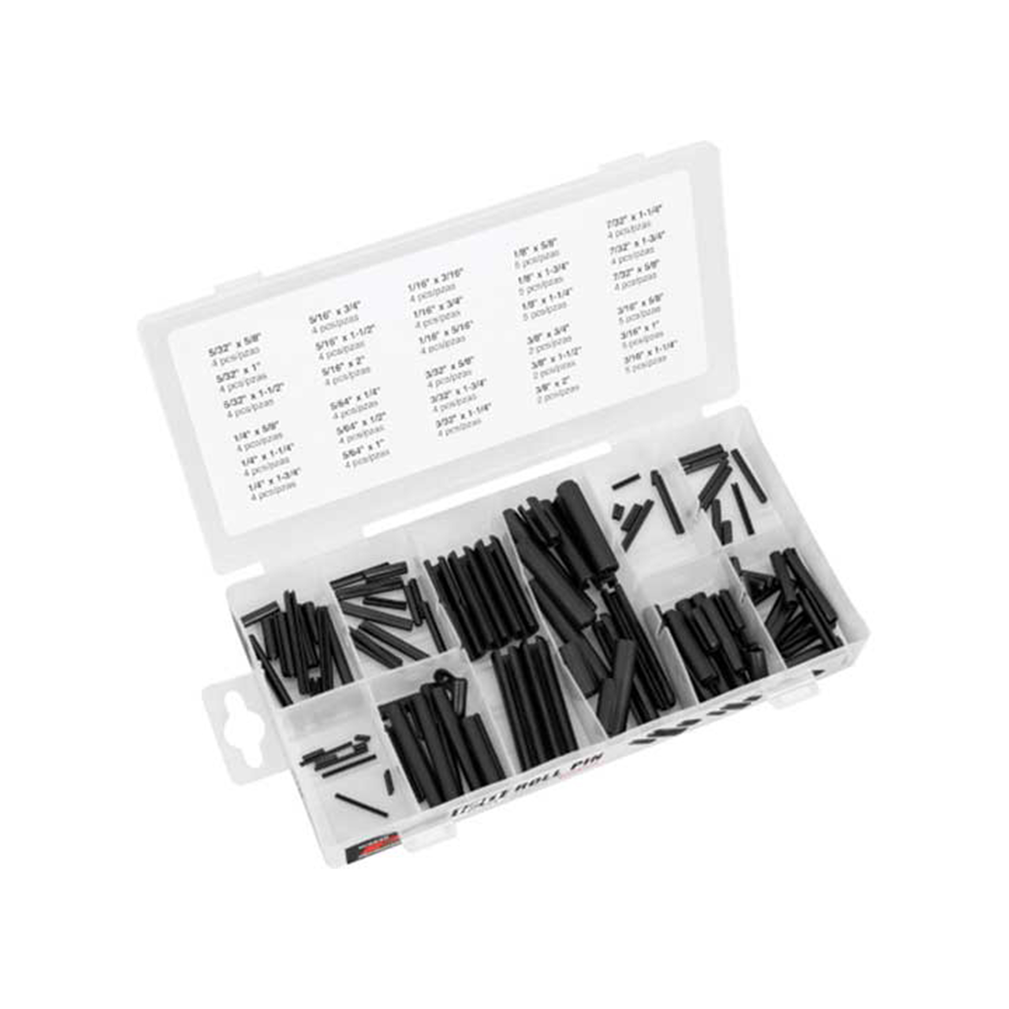 Performance Tool Roll Pin Assortment — 120 Pcs, Heat-Treated Spring Steel, 10 Sizes from 3/32in. to 3/8in., Model# PRTW5340